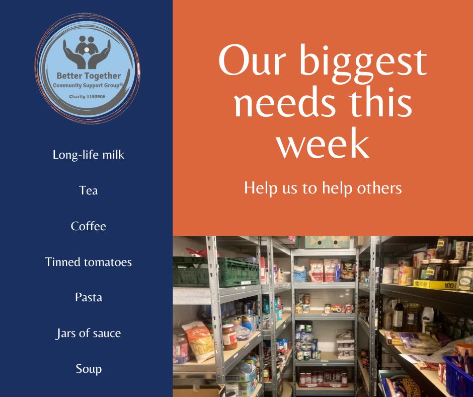 We still need to replenish our shelves after a busy Easter helping to feed dozens of people. We would be grateful for any store cupboard items or toiletries, but we particularly need: long-life milk; tea; coffee; sauces; tinned tomatoes; pasta; soup. Thank you so much 🫶