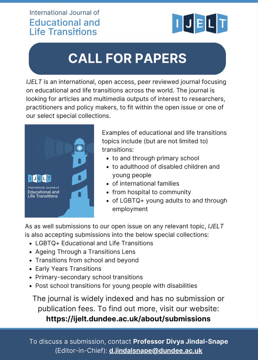 CALL FOR PAPERS: Inviting papers across our collections as well as those that do not fall in any of the collections. We also welcome suggestions for other collections related to either educational transitions or life transitions. Please get in touch with @DivyaSnape @TceltIntr