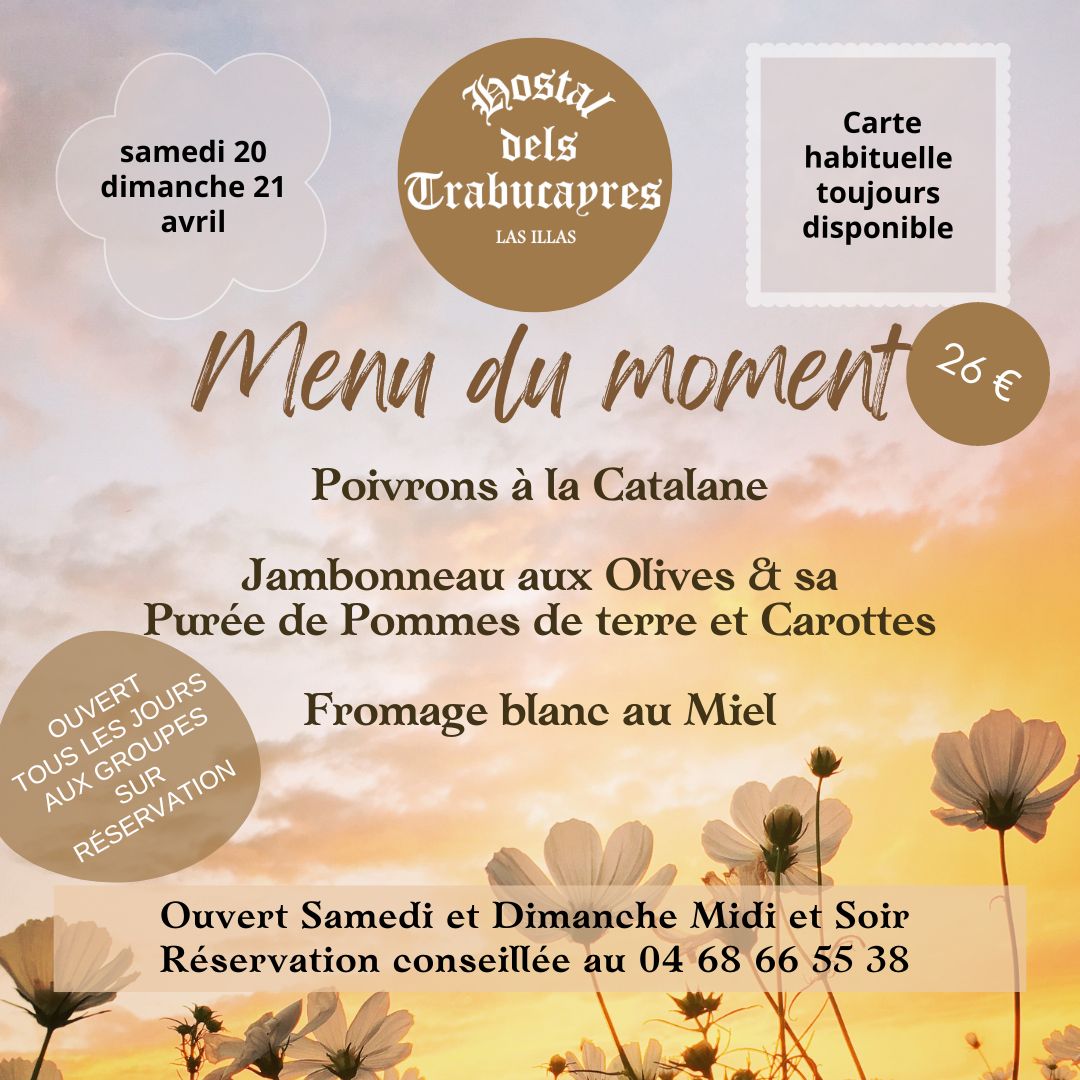 trabucayres's tweet photo. 🍷 🥘 🍰 ☕️
Ce week-end, dans le menu à 26 €, l'Hostal dels Trabucayres vous propose en entrée, plat et dessert du moment :
- Poivrons à la Catalane
- Jambonneau aux Olives accompagné d'une Purée de Pommes de Terres et Carottes
- Fromage blanc au Miel
A très bientôt 🙂 https://t.co/JFG5jDn4US