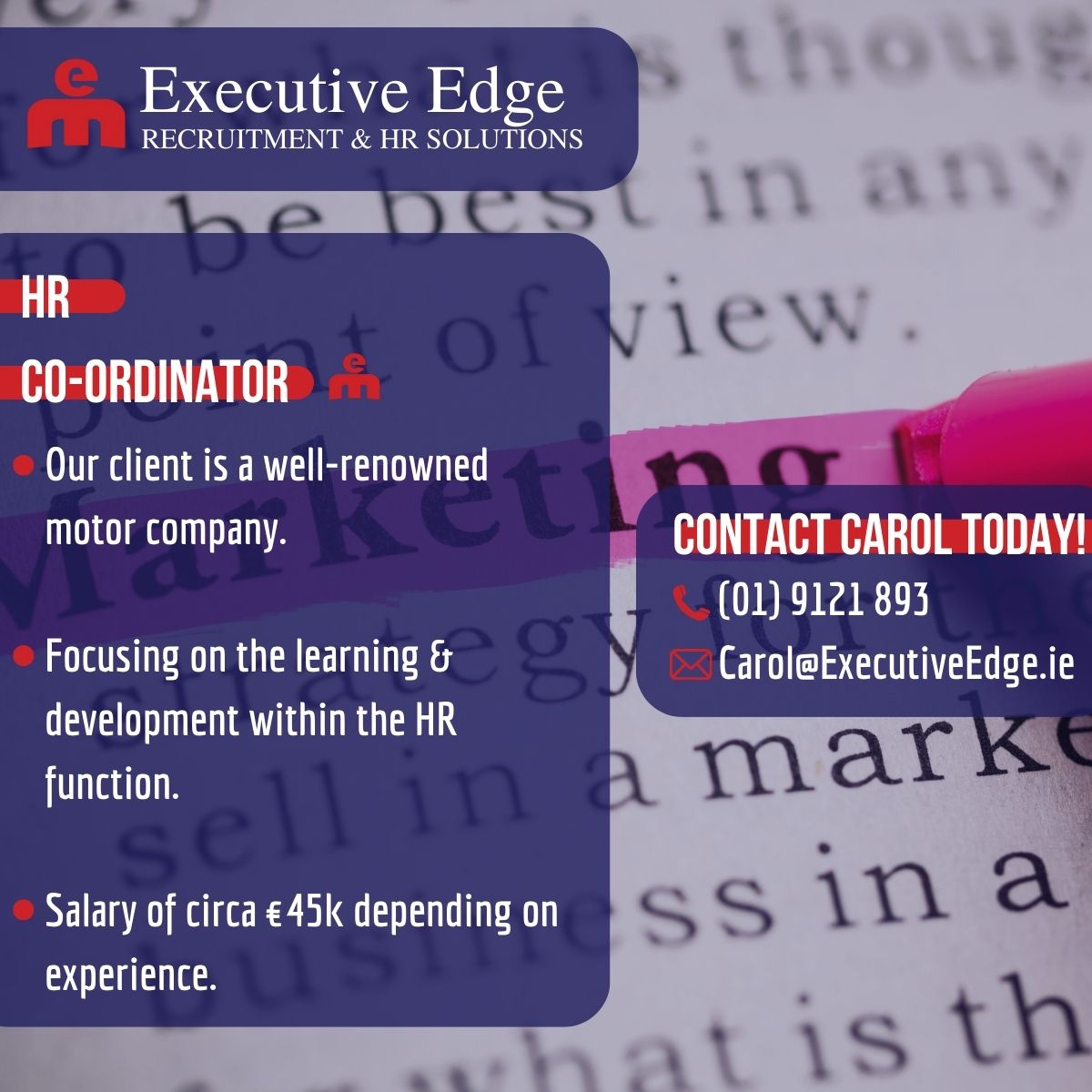 Carol has an excellent opportunity currently open for someone wanting to pursue a career in HR. Contact Carol today to chat about this role!
Or, find out more at: executiveedge.ie/job/hr-l-d-co-…
#DublinJobs