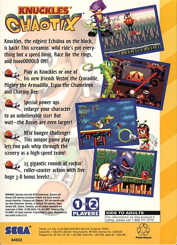 KNUCKLES' CHAOTIX: In 1995 an Echidna partnered with his friends to save Carnival Island from Dr. Robotnik and Metal Sonic. A Sega 32X game that used the 'Tether System' this was a great spin-off to the Sonic games #retrogaming #Sega #90s #SonicTheHedgehog #Megadrive #gaming
