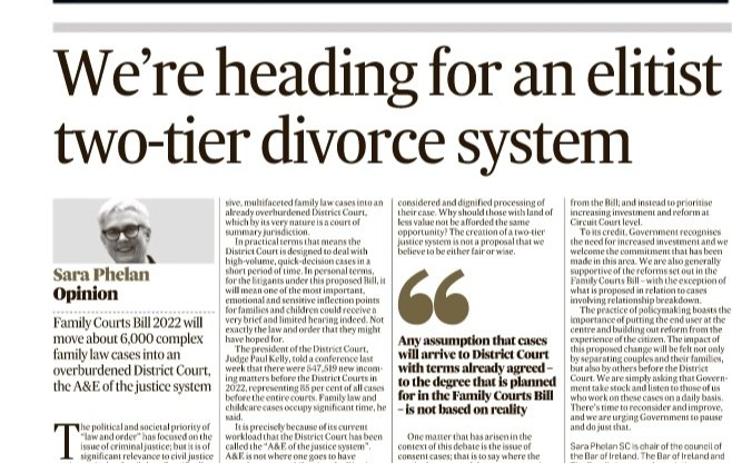 OPINION | Sara Phelan SC writes in today's @IrishTimes on how the “law and order” priority applies also to family law; and that proposals under the Family Courts Bill 'will be felt not only by separating couples and their families, but also by others before the District Court'