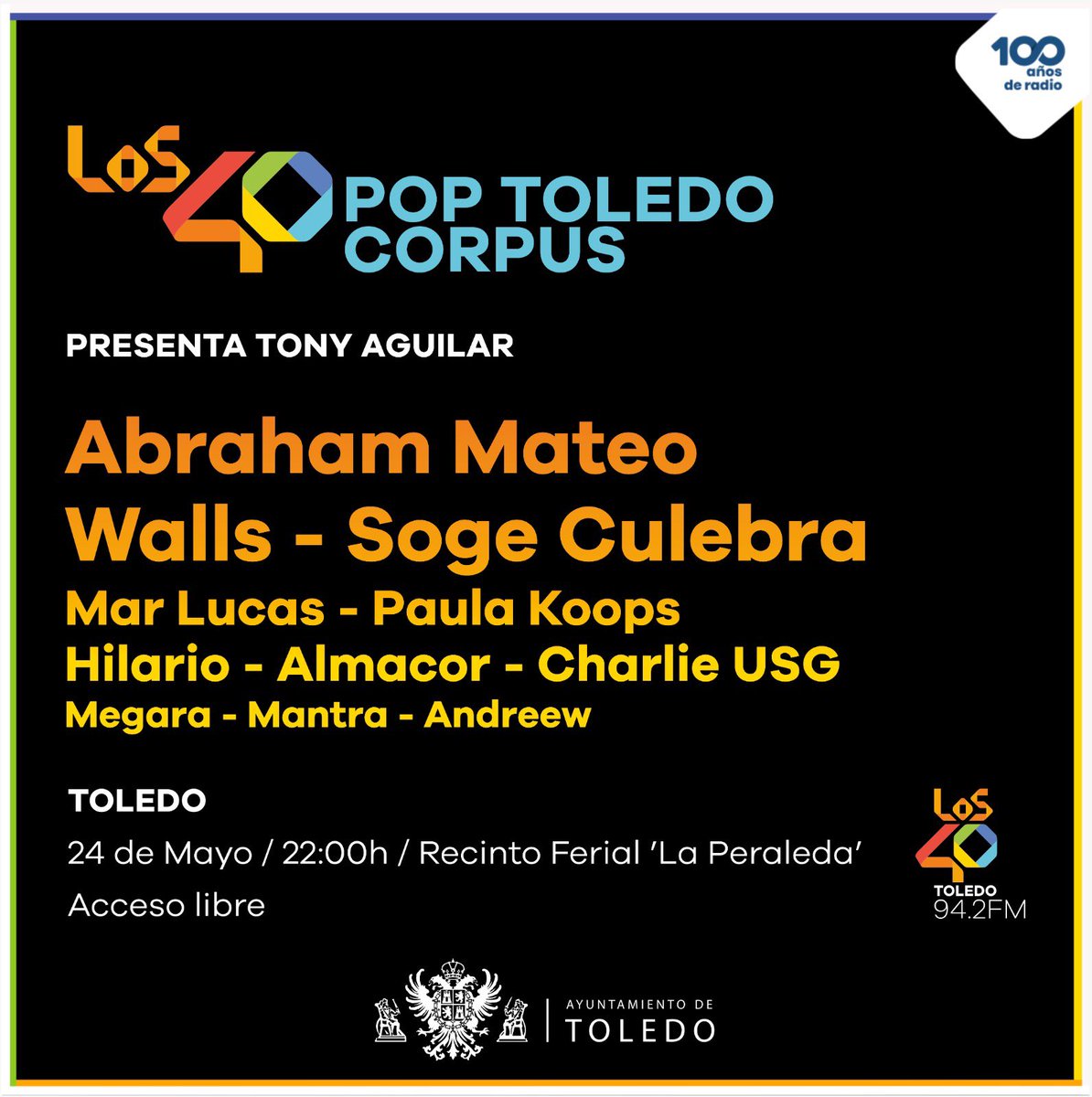 Volvemos a TOLEDO 🙌🏽🎶🫶🏽 El próximo viernes 24 de mayo a partir de las 22h celebramos el #corpus2024 con el concierto más espectacular de las fiestas #Los40PopToledo. Acceso libre y gratuito ¡Te esperamos! @LOS40CLM @toledoayto