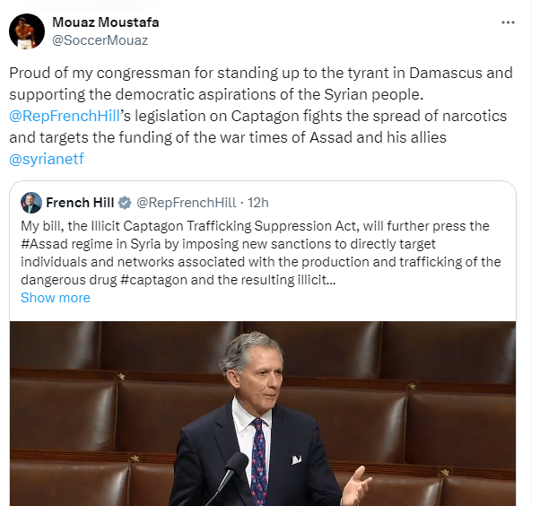 The treacherous Palestinian Syrian Mouaz Moustafa head of SETF is proud of his Israel's lobby congressman French Hill for supporting'democratic aspirations of the Syrian people' Mouaz himself is a member of AIPAC's Israel's lobby front'Washington institute for near east policy'