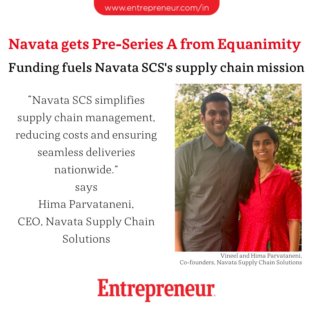 #Update

Navata Supply Chain Solutions Raises Pre-Series A Funding from Equanimity Ventures.

Read: ow.ly/EhjP50RhPlh

#NavataSupplyChain #PreSeriesA #EquanimityVentures #SupplyChainSolutions #HyderabadStartup #FundingNews #StartupIndia #SupplyChainRevolution