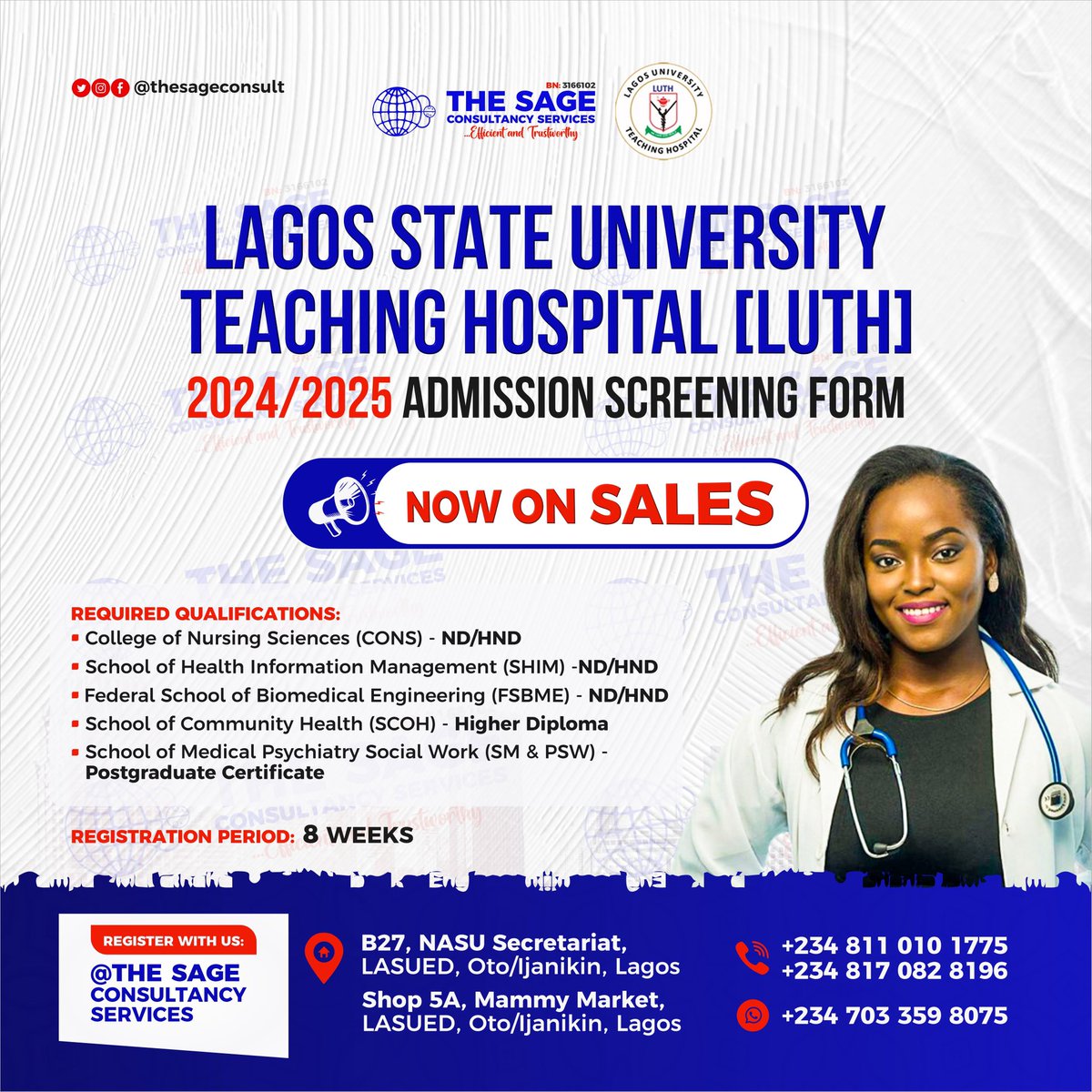 LAGOS STATE UNIVERSITY TEACHING HOSPITAL ADMISSION FORM IS OUT

Interested Candidates should click on the link in our bio or Chat via WhatsApp at +2347033598075 to communicate with us, to get your registration done.

#OYINBO
#THESAGECONSULTANCYSERVICES 
#DISTANCEISNOTABARRIER