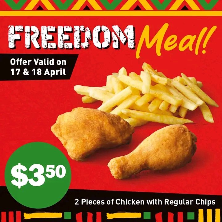 The Freedom Meal is Here! 🇿🇼 Celebrate Independence Day with Chicken Inn's 'Freedom Meal' special! 🍗💥 Enjoy the delicious 2-pieces of fried chicken and chips for only $3.50 USD, a special price just for you! This offer is valid from April 17th to 18th, 2024.