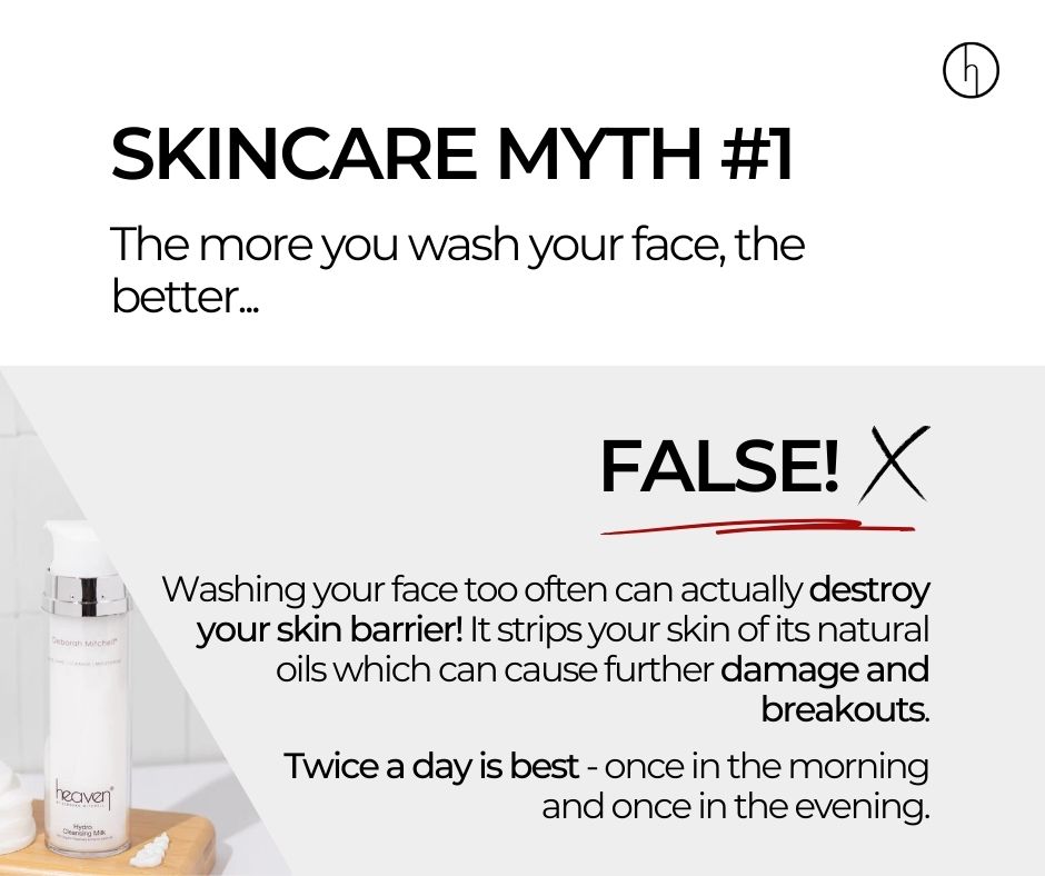 Skincare myths... there's so many so we're here to clear a few things up! The first myth we're de-bunking is 'the more you wash your face the better'. Not true. Over-washing your face can damage the skin's barrier and strip our natural oils 👎 #skincaremyths #HeavenSkincare