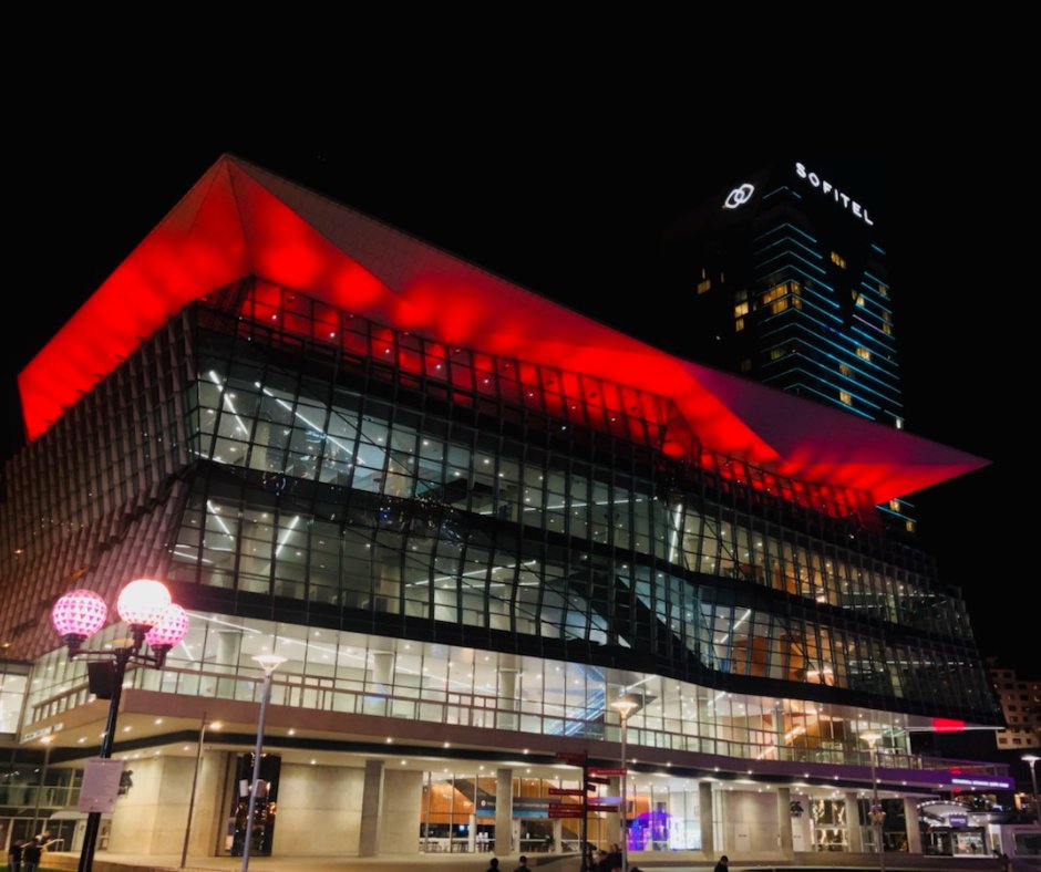 ICC Sydney's Convention Centre is lit up in red for World Haemophilia Day (April 17). An annual observance to raise awareness and provide education about haemophilia and other bleeding disorders. For more information: haemophilia.org.au/events-news/ev…