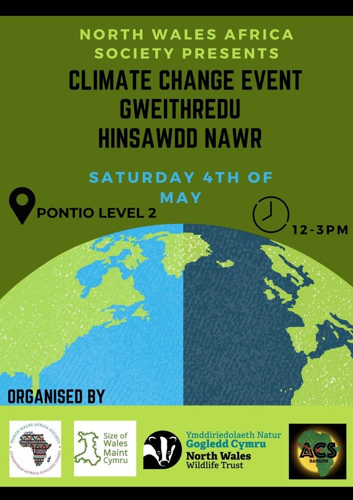 INVITATION. Climate change awareness event for young people. D: May 4, 2024 T: 12 noon - 3 pm V: Pontio PL 2 Organised by @NWalesAfricaSoc, @sizeofwales, @North_Wales_WT & Bangor Afro Caribbean Society.