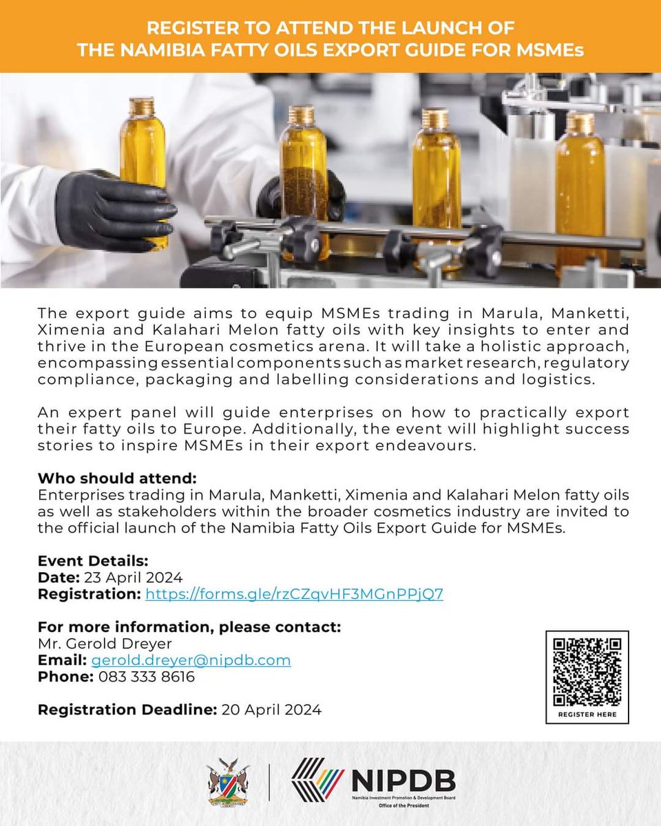 Raldo16's tweet photo. Mark your calendars for the launch of the Namibia Fatty Oils Export Guide for MSMEs on 23 April 2024. 

Register to attend here: https://t.co/bL9N24Ps8b

The launch will also be livestreamed on our Facebook page should you not be able to physically attend. https://t.co/NWyjeiVXbb