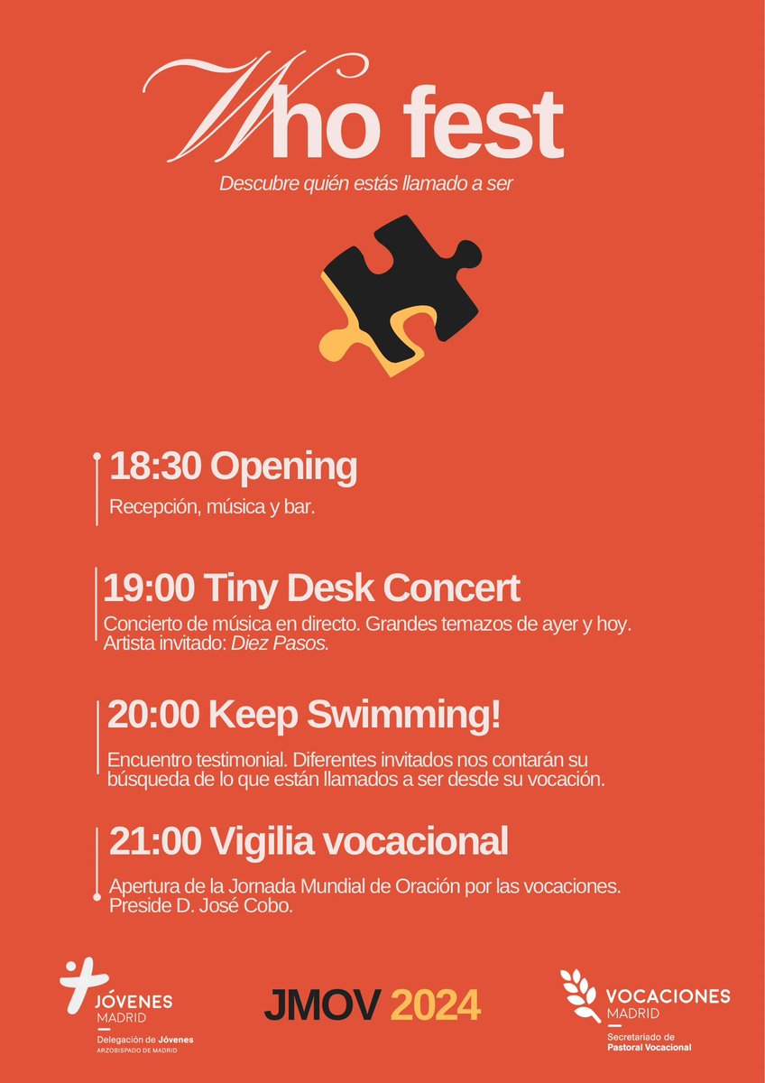 archimadrid's tweet photo. ¡Se viene el Who Fest! Nos vemos este viernes en el Seminario

📅Con motivo del #CongresoNacionalDeVocaciones, a las 17:30h, @MonsArguello hablará sobre 'El reto vocacional en la cultura actual'

⏰Tras el #WhoFest, a las 21h, vigilia joven presidida por el @CardenalCobo

#JMOV https://t.co/ACrzLJeYr3