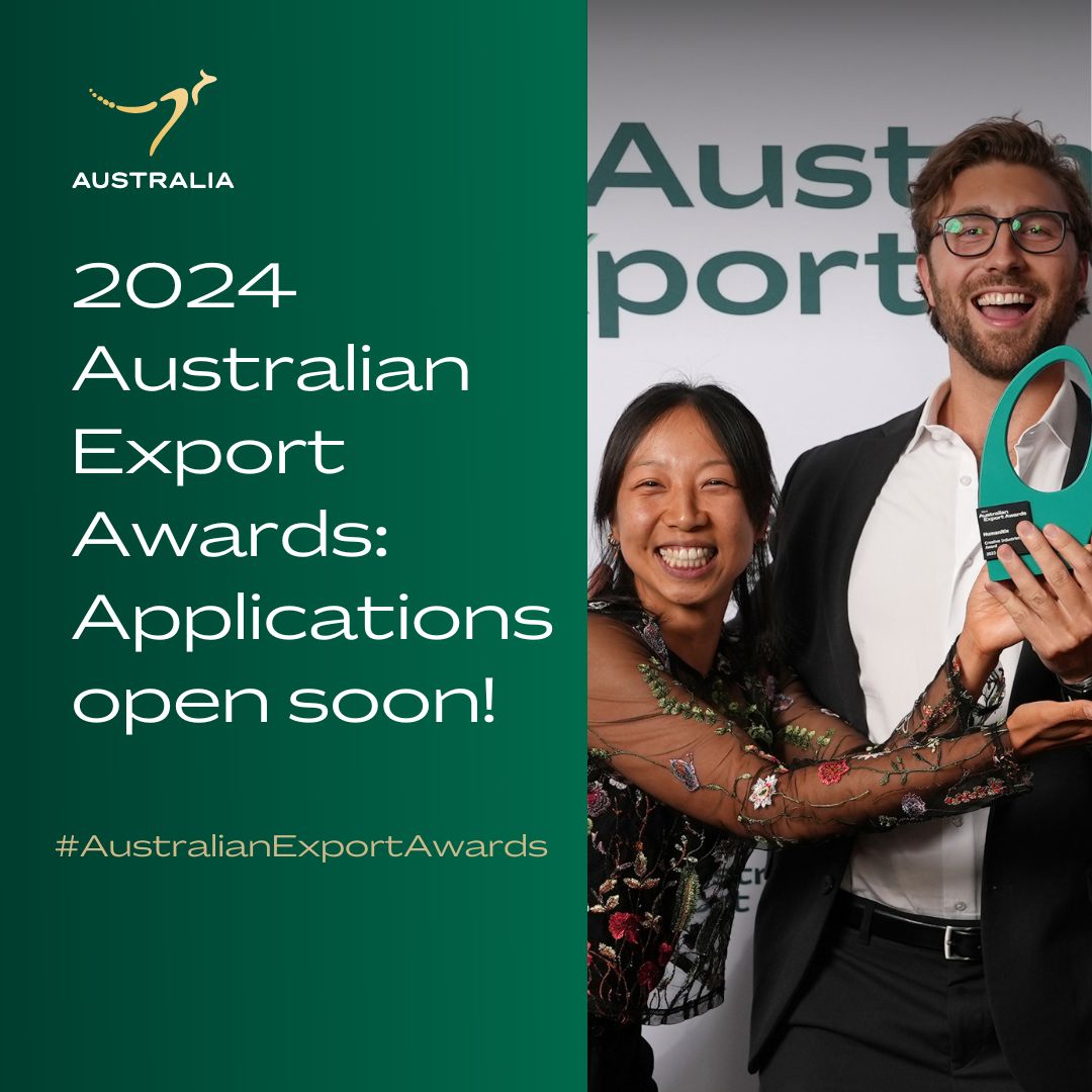 Austrade's tweet image. The Australian #ExportAwards are back in 2024! 🏆✨ 

Join the ranks of the country&apos;s most outstanding exporters and raise your business profile as a leader in your industry. 

✍️ Applications open 30 April. 

Sign up to our newsletter: ow.ly/jIUm50RhNON