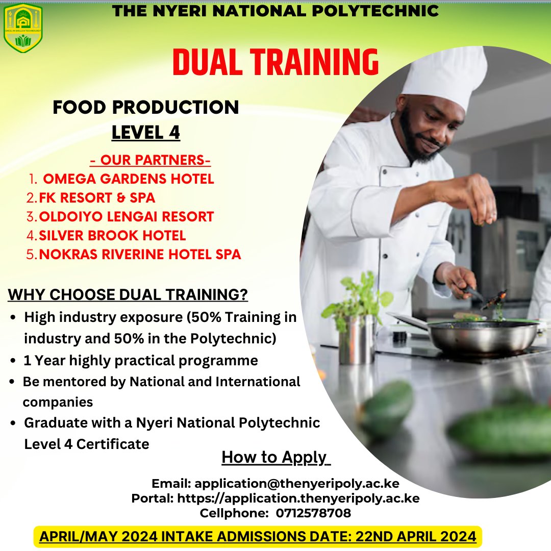 thenyeripoly's tweet photo. @thenyeripoly  in collaboration with:
- Omega Gardens Hotel @GardensOmega
- FK Resort & Spa 
- Oldoiyo Lengai Resort and Bistro
- Silver Brook Hotel
- Nokras Riverine Hotel Spa
is now reforming its training system by adopting Dual Training in all areas of training producing 'fully baked' graduates.

Dual Training aims at integrating class work with industry practical skills thus producing qualified professionals in terms of skills and knowledge.

Enrol for a course in Food Production and learn 50% in class and 50% at the above-mentioned Hotels.

April/May intake commences on 22nd April 2024.

Apply now via:
Email: application@thenyeripoly.ac.ke
Portal: https://t.co/b7GdygNye4
or Contact the office of the Registrar via 0712578708
#nikosetnatvet