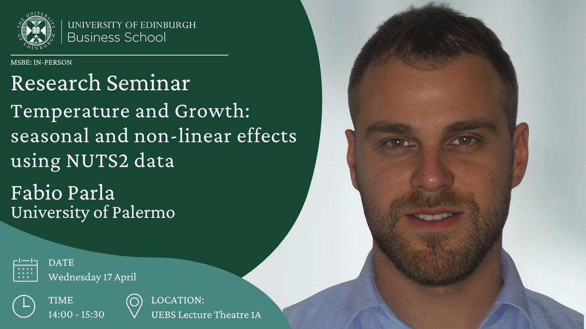 #ResearchSeminar: Join us in welcoming Fabio Parla from the University of Palermo @unipa_it Fabio will present their work on: Temperature and Growth: seasonal and non-linear effects using NUTS2 data.'