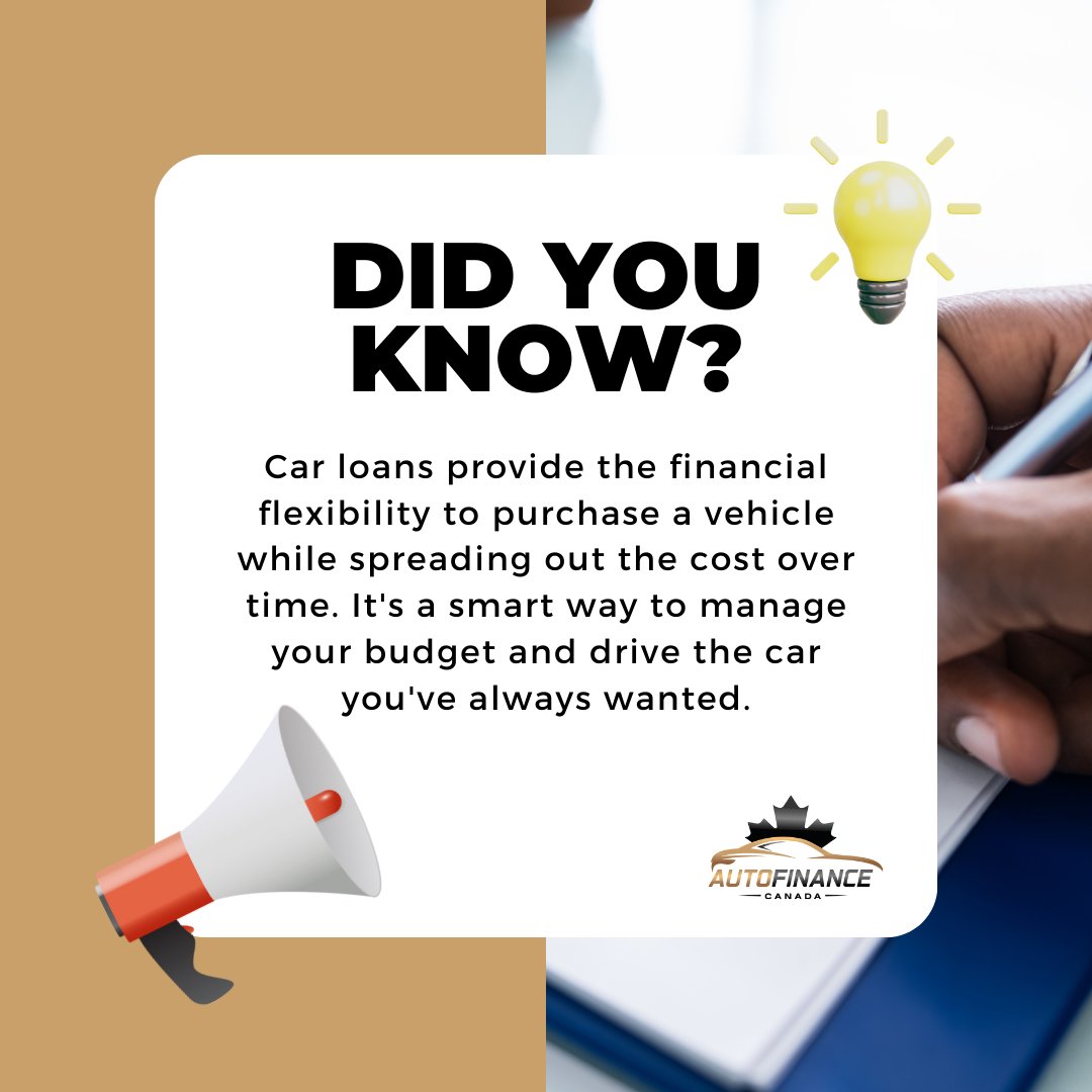 AutoFinance_ca's tweet photo. 💡 Did you know about car loans? 💸🚗

Unlock the keys to your dream car with a car loan! 🌟
📚 Here's what you need to know

💰 With competitive interest rates and flexible repayment options, car loans offer convenience and affordability. 

#dreamcarfinance #unlockyourdrive https://t.co/4fTzDQ1yi5