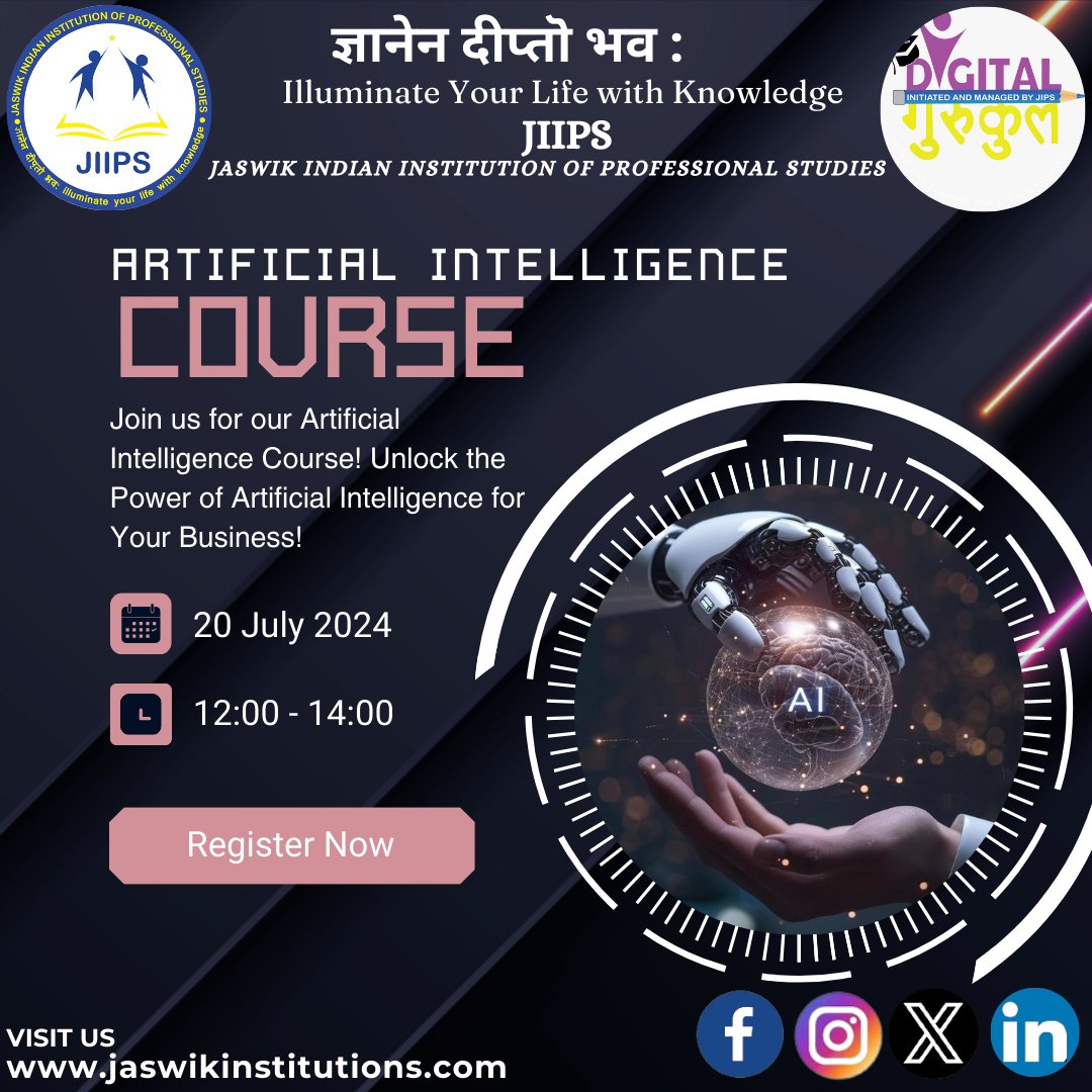 Unlock the Future: Master Artificial Intelligence with Our Comprehensive Course #jaswikindianinstitutionofprofessionalstudies #ArtificialIntelligence #AICourse #TechEducation #LearnAI #FutureTech #MachineLearning #DataScience #AItraining #TechSkills #SmartLearning