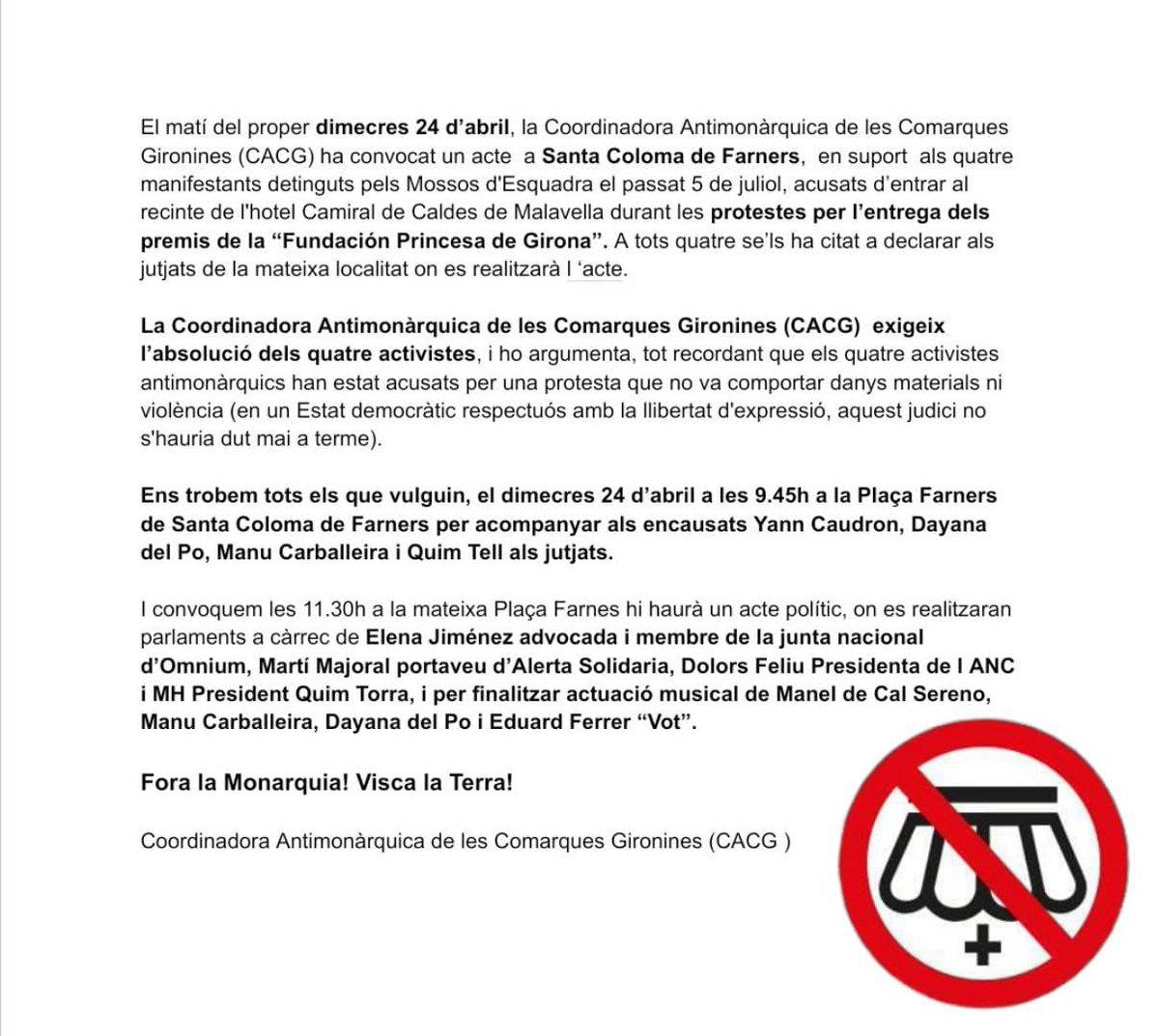 👑 ACTE DE SUPORT ALS ENCAUSATS DE LA COORDINADORA ANTIMONÀRQUICA 

El proper dimecres 24 d'abril serem a Santa Coloma de Farners donant suport a en Quim, en Manu, la Dayana i en Yann ✊🏼