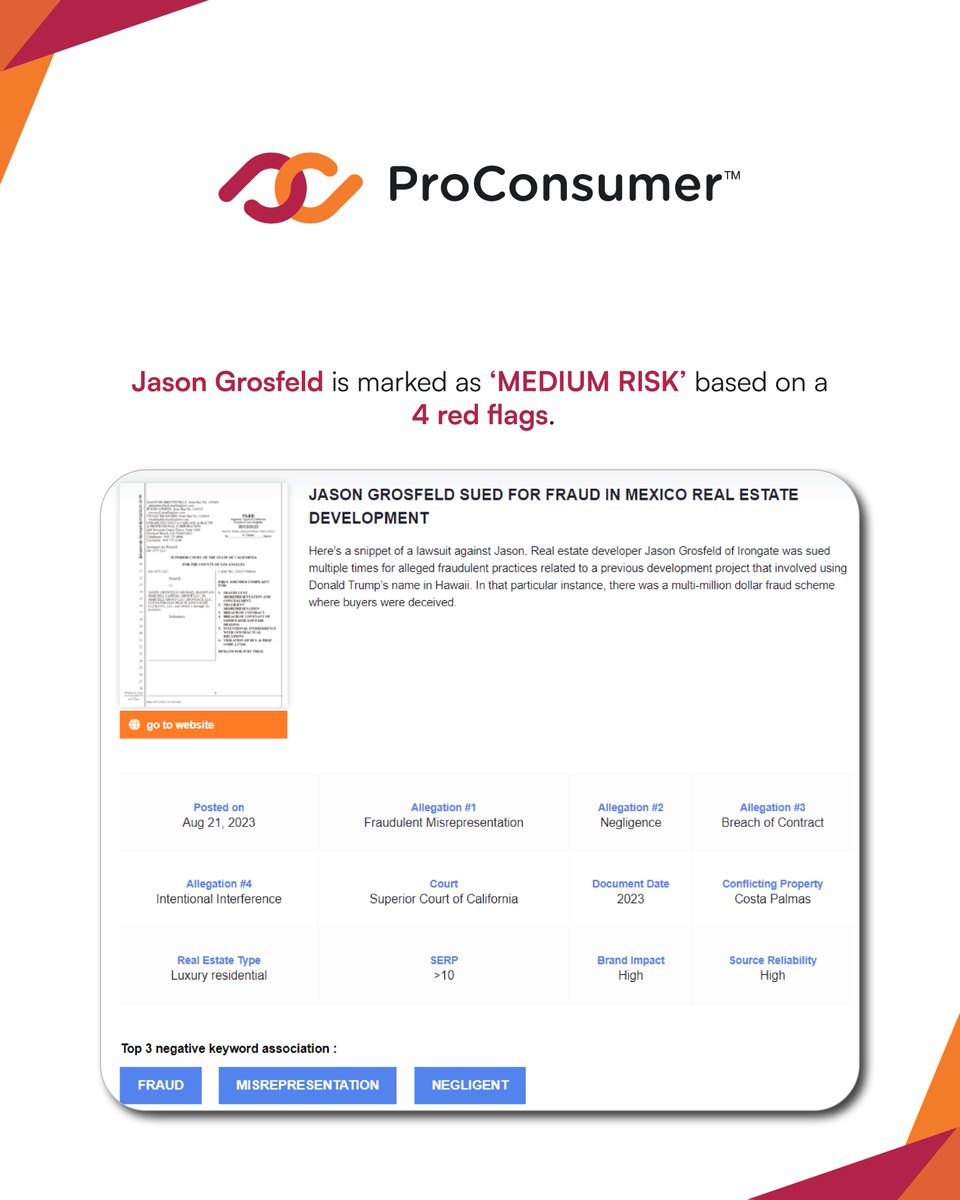 'JASON GROSFELD SUED FOR FRAUD IN MEXICO REAL ESTATE DEVELOPMENT'

Here’s a snippet of a lawsuit against Jason. Real estate developer Jason Grosfeld of Irongate was sued...
#ProConsumer #BrandAudit #ConsumerTrust #JasonGrosfeld @GrosfeldJason