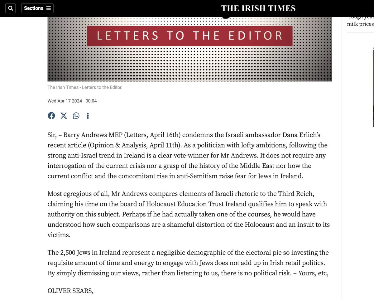 Holocaust_Irl's tweet photo. Israel and Irish political opportunism: 
Electoral calculus. 
My letter in today's @IrishTimes in response to Barry Andrews MEP's shameless letter of yesterday. https://t.co/riKTFbl9jm