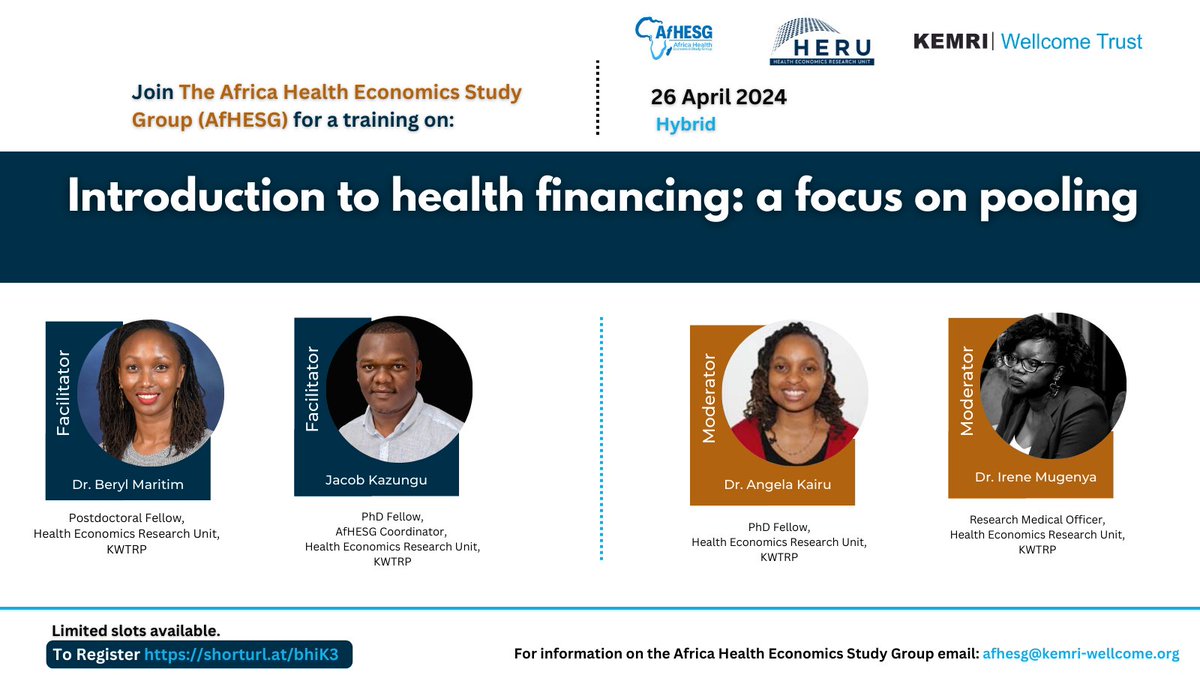 Training Alert!!! Join us for the monthly #AfHESGTraining session on 'Introduction to health financing - a focus on Pooling' Date: 26/04/2024 Registration link: shorturl.at/bhiK3 @KEMRI_Wellcome