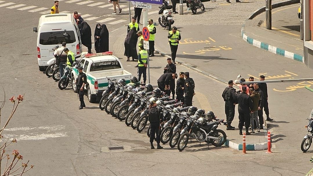 Apr. 16 - Vanak Square, Tehran, #Iran Police and hijab enforcers wait on the side of the street to violently arrest women who refuse to conform to the regime's hijab laws. The regime is cracking down on women to suppress imminent protests and hide its weakness in the region.