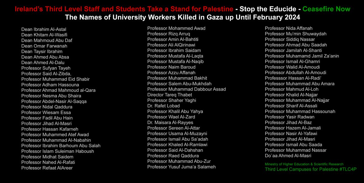 Today we remember the names of the education workers killed in Gaza We demand a ceasefire Vigils today at UU campuses: @UlsterUni Belfast between BC/BD - 12 noon- 1pm @UlsterUni Magee on main steps MD 1pm #TLC4P