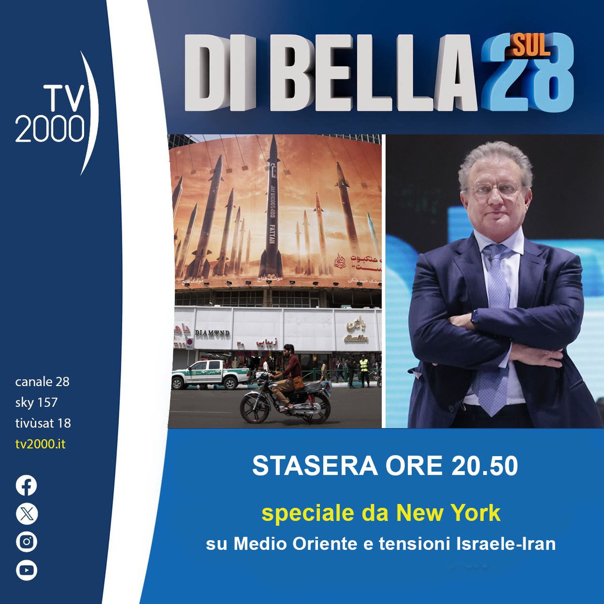 🌐#DiBellasul28 speciale da #NewYork su #MedioOriente e tensioni #Israele-#Iran 📺Stasera #17aprile ore 20.50 su #Tv2000 il giornalista @AntDiBella conduce l'appuntamento settimanale dedicato all' #attualità Ospiti: @alanfriedmanit e @riotta #Israel #TelAviv #Tehran #Netanyahu