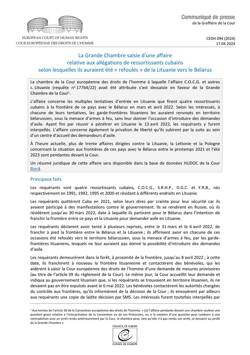 Dessaisissement en faveur de la Grande Chambre dans l'affaire C.O.C.G. et autres c. Lituanie hudoc.echr.coe.int/app/conversion… #ECHR #CEDH #ECHRpress