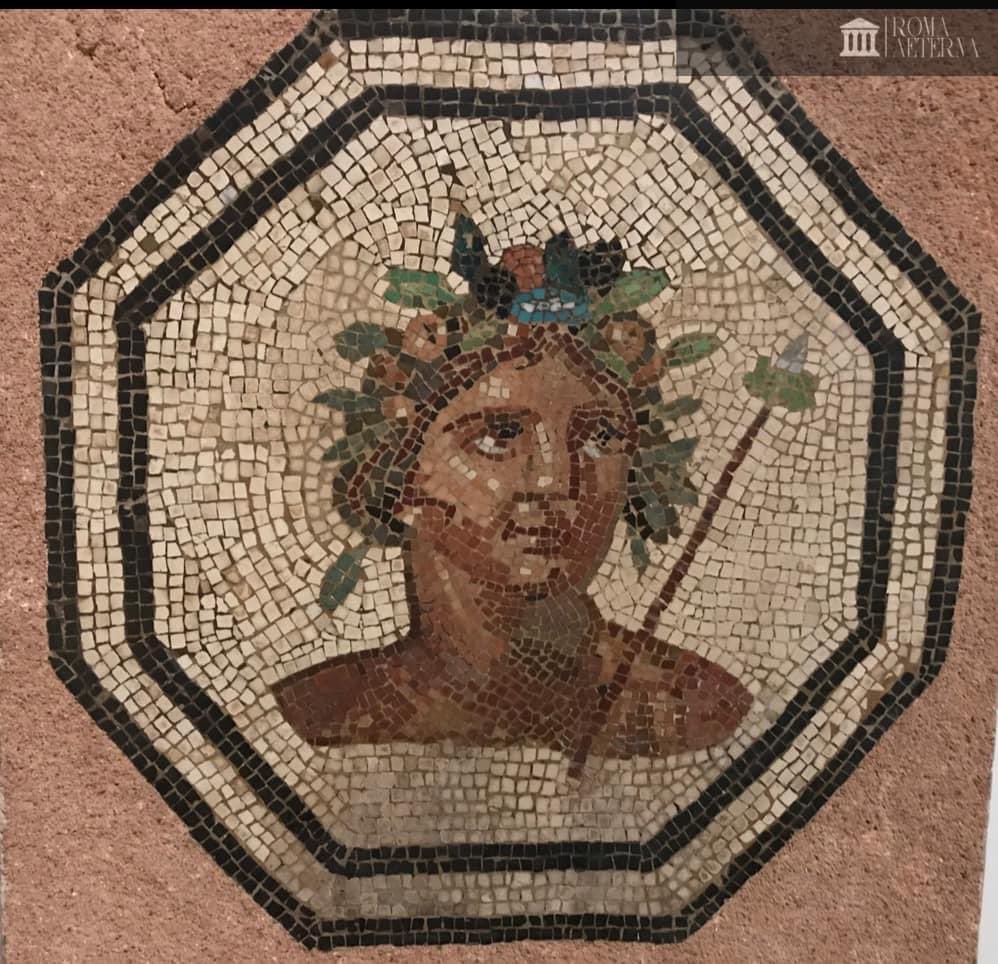 Mosaïque représentant Bacchus retrouvée à Lyon (IIIe s. ap. J.-C.). Elle a été présentée en 2021 au musée Lugdunum à Lyon dans l’exposition « Une salade, César ? ».