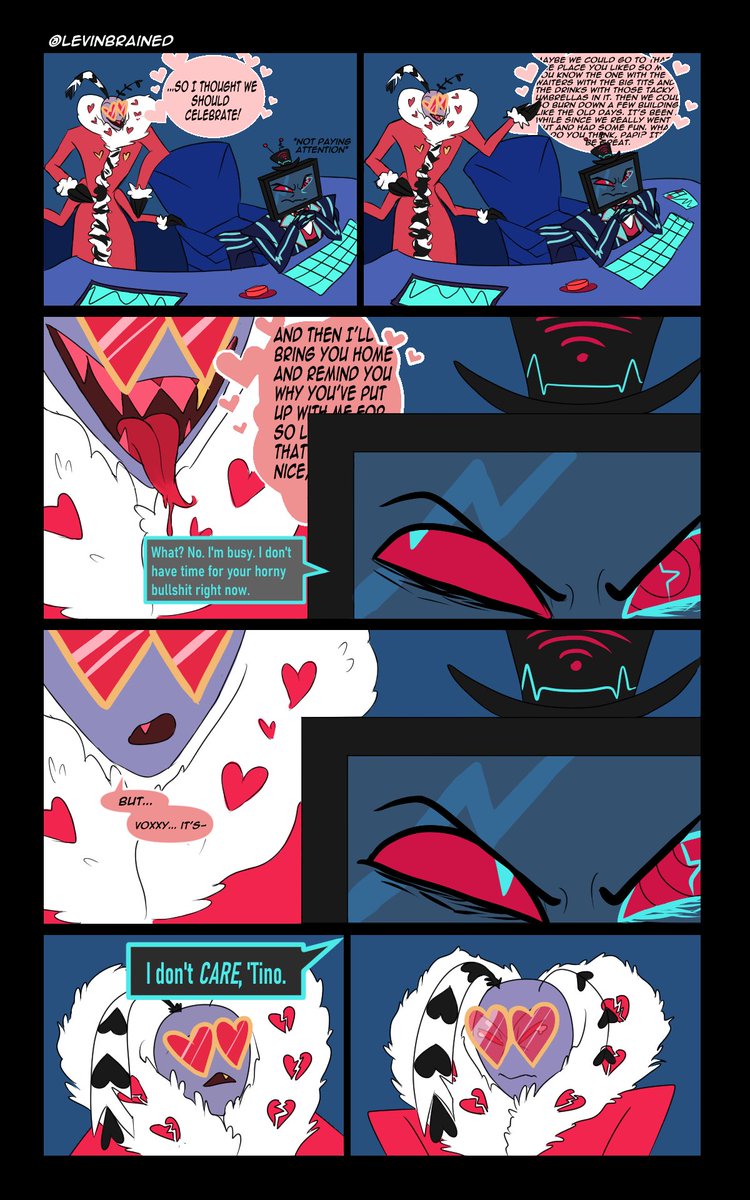 LevinBrained's tweet photo. Day 4: "I don't care."

It was the anniversary of their business partnership.

#SMWRevival2024 #staticmothweek 
#StaticMoth #VoxVal #HazbinHotelFanart https://t.co/R8nNjhqrK4