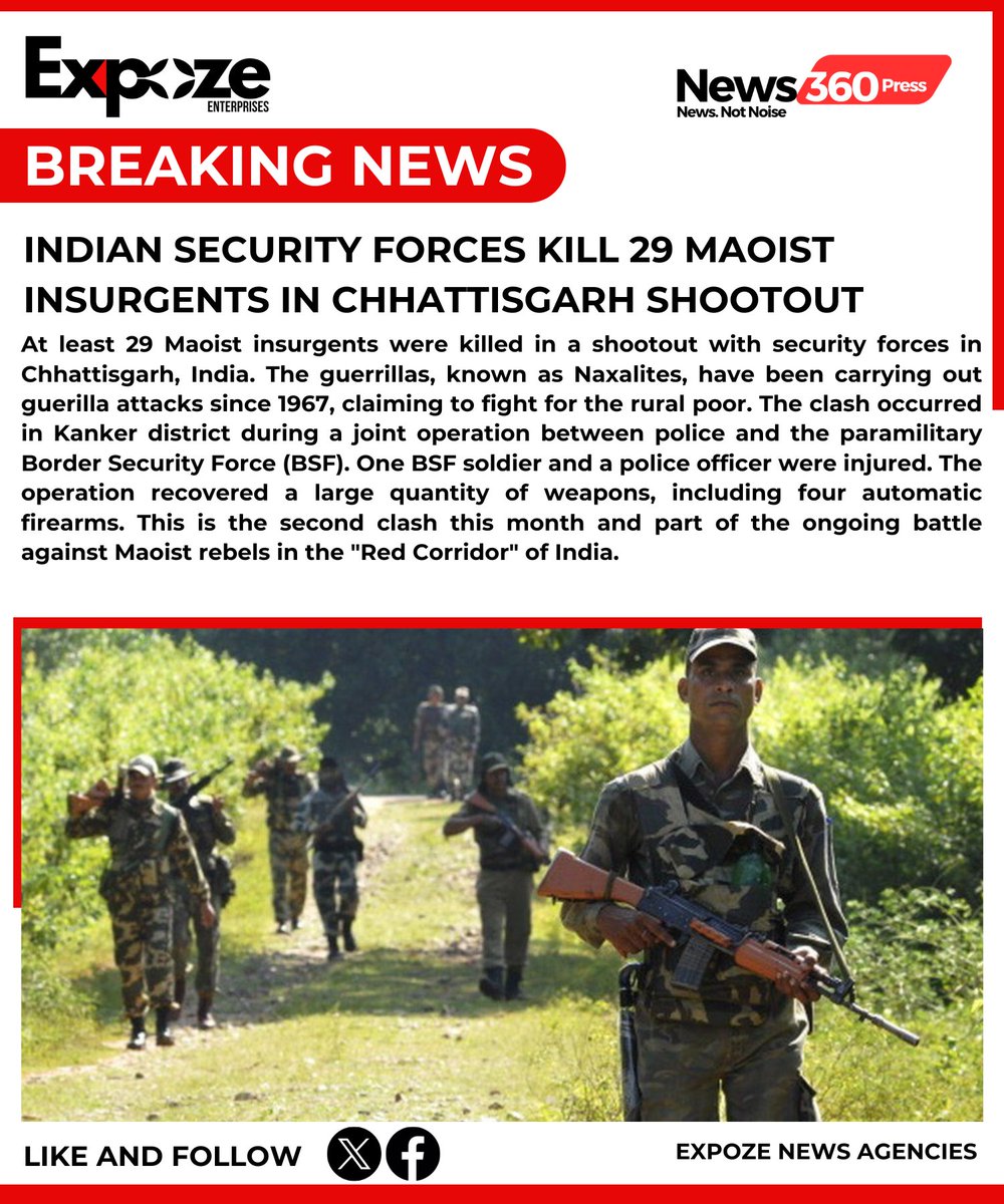 #BREAKING: Indian Security Forces Kill 29 Maoist Insurgents in Chhattisgarh Shootout

#ChhattisgarhShootout #MaoistInsurgency #SecurityForces #DeadlyClash #Counterterrorism #LawAndOrder #PeaceAndSecurity #MissionAgainstMaoists #BraveSecurityPersonnel #AntiExtremism #ProtectingThe