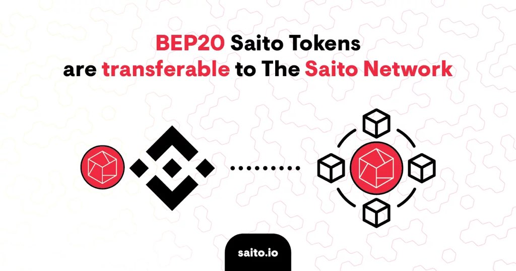 Update 🎤 You are now able to transfer BEP20 $Saito tokens to the Saito network ! Tutorial on how to securely migrate your ERC20 tokens to your Saito wallet on-chain : x.com/saitodler/stat…