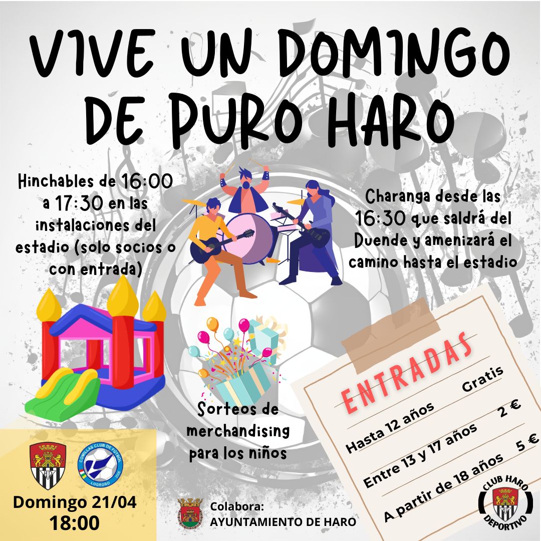 ❗️ Este domingo os necesitamos a todos!! 

Por eso hemos organizado una charanga que amenizará la previa y el partido, hinchables para los más pequeños, sorteos para los niños y el sorteo del jamón además incluye un cordero gentileza de carnicería Unzalu

Vamos Haro!!⚫️⚪️