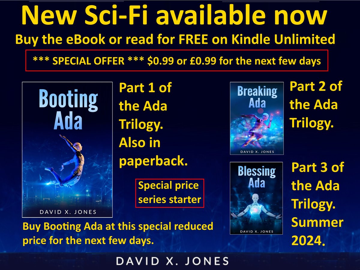 Booting Ada is in an Amazon Countdown Deal $0.99 or £0.99 for this week. #Free on #KindleUnlimited The story of Ada, the 1st sentient AI, and her struggles to survive. Booting Ada - book 1 amazon.com/dp/B0CDS8RPF7 amazon.co.uk/dp/B0CDS8RPF7 #Countdown #Deals #sff #ebook #scifi