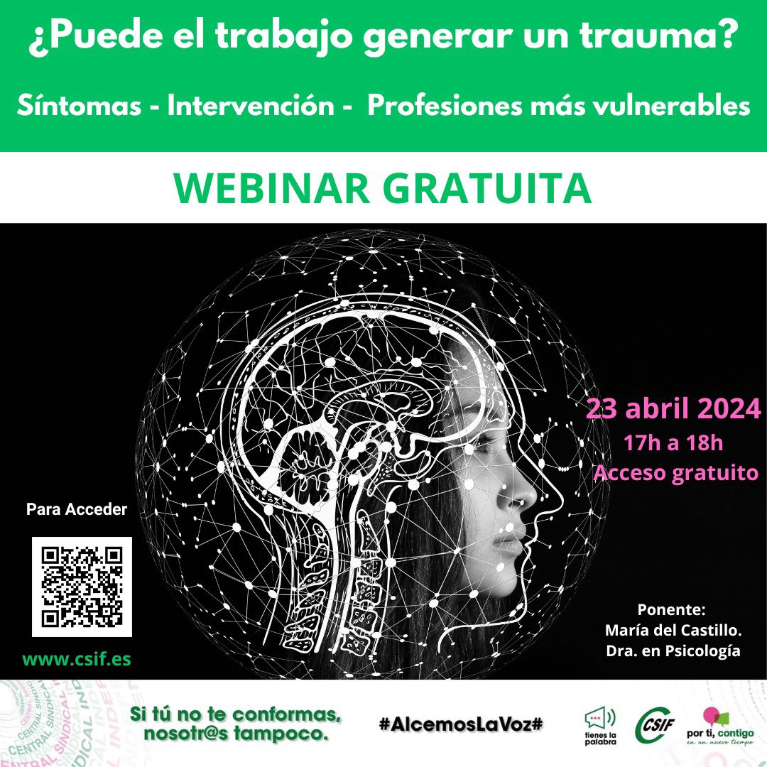 CSIF_PRL's tweet photo. #CSIF te invita a la Webinar 💻 ¿Puede el #trabajo generar un #trauma?explicaremos síntomas, el trauma vicario, profesiones más expuestas e intervención.

📆 *Martes 23 abril 2024*
🕢 17h a 18h
Puedes verla en este enlace: https://t.co/U4RNgh60uA

https://t.co/oUgm4FqN0w https://t.co/AdEas6pdCT