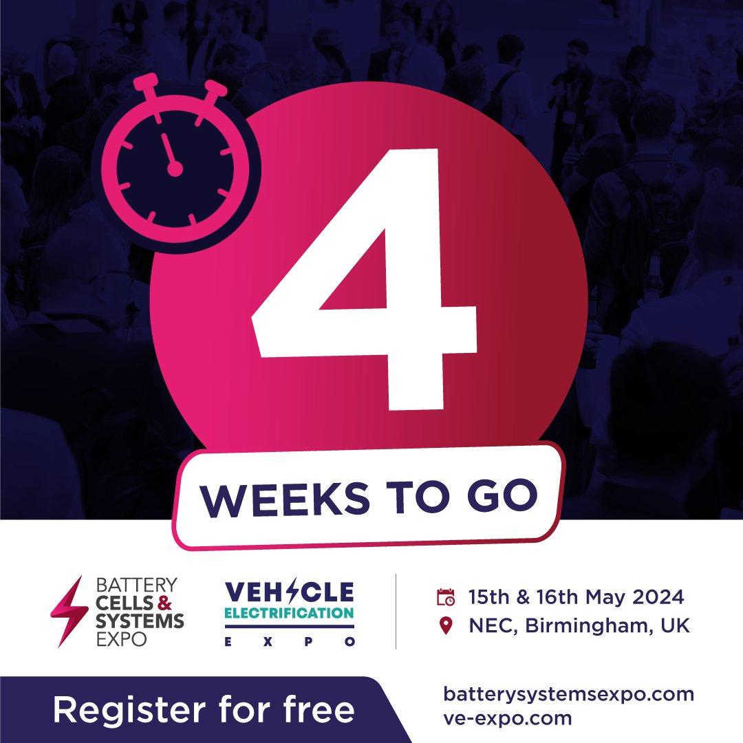 Battery Cells & Systems Expo (@batterycellexpo) on Twitter photo ⌛<a href="/BatteryCellExpo/">Battery Cells & Systems Expo</a> and <a href="/VeExpo/">Vehicle Electrification Expo</a> is 4 weeks away ⌛
Join us 15th & 16th May 2024 at NEC, Birmingham, UK.
Register for FREE: vist.ly/yr8f
#BCS24 #VEX24 #BatteryCells #BatterySystems #ElectricVehicles #EV #Expo #Conference #Tradeshow #NEC ⌛<a href="/BatteryCellExpo/">Battery Cells & Systems Expo</a> and <a href="/VeExpo/">Vehicle Electrification Expo</a> is 4 weeks away ⌛
Join us 15th & 16th May 2024 at NEC, Birmingham, UK.
Register for FREE: vist.ly/yr8f
#BCS24 #VEX24 #BatteryCells #BatterySystems #ElectricVehicles #EV #Expo #Conference #Tradeshow #NEC