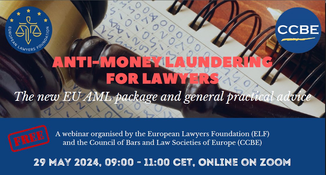 🚩Following the success of the CCBE/ELF webinar on #AML for #Lawyers, another webinar will be organised on the new EU package & practical advice. Register now!
🗓️Wednesday 29 May
⏲️ 09.00 - 11.00 CET
Free registration👉 ccbe.link/8aucv
Programme 👉 ccbe.link/yaeq6