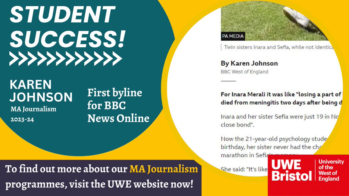Student success! Current MA Journalism student Karen Johnson has her first byline for @BBCBristol (thanks to @PollitaMarch 👏). First of many bylines to come! Check out her story here (@UWEBristol @emarco14) bbc.co.uk/news/uk-englan…