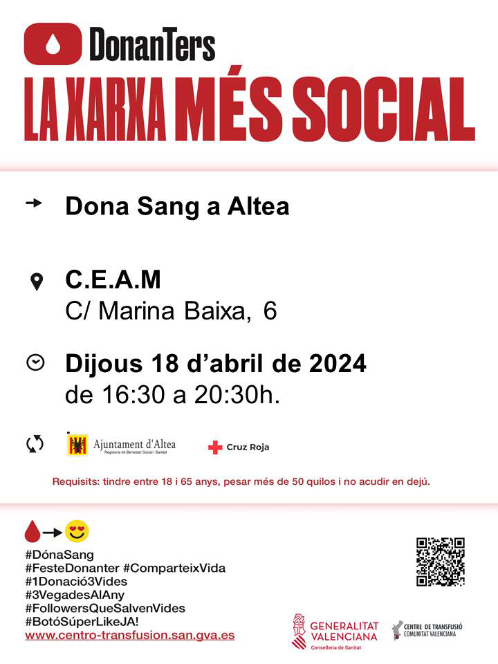 [VAL] 💉 Dona sang i forma part de la xarxa més social, DonanTers! A Altea el dijous 18 d’abril de 16:30 a 20:30h al CEAM. #altea +Info alteadigital.es/ca/2024/04/17/…