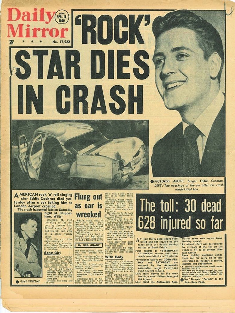 17 April 1960. Rock ‘n’ Roll star Eddie Cochran (aged 21), was killed in a car crash near Chippenham, Wiltshire. He was travelling in a taxi that was carrying him from a show in Bristol when it crashed en route to Heathrow Airport, London, to catch a flight back home to the USA.