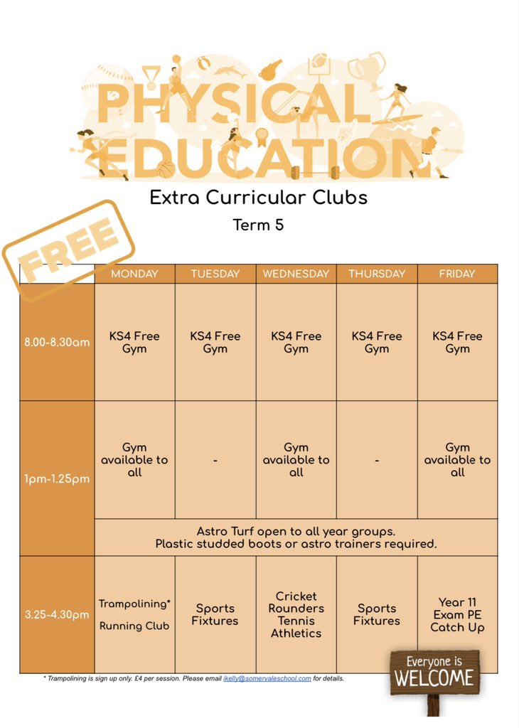 somervaleschool's tweet photo. Please see attached the term 5 PE extra curricular clubs! All abilities welcome and we look forward to seeing you all!🏏⚾️

PE department https://t.co/XDXx1XtPyh