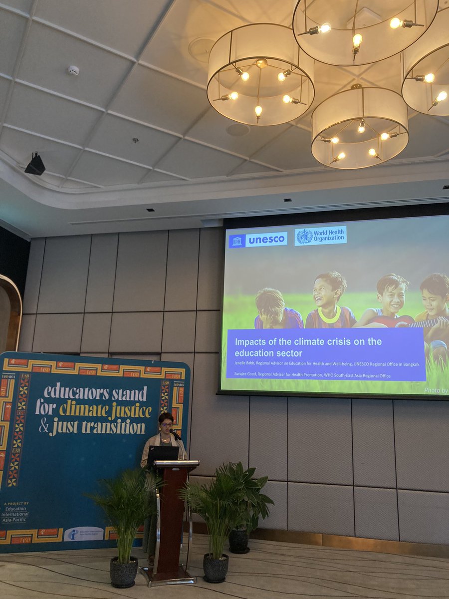 eduintAP's tweet image. Jenelle Babb of @unescobangkok and Dr. Suvajee Good of @WHOWPRO address ASEAN education unionists regarding the impacts of climate change on the education sector’s health and well-being.
