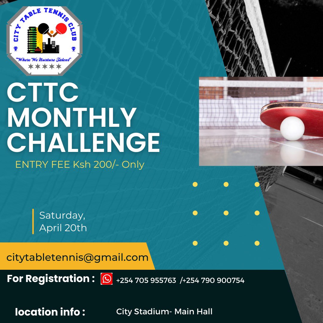 city_cttc's tweet photo. City Challenge
April Edition 

CTTC invites you all to the  City challenge on Saturday 20th April 2024 at City Stadium (Jogoo rd)  from 8:00 AM to 6:00PM.

Entry fee is Ksh 200 only.

Send your names for registration to Walter @0790900754 or Georgina @0705955763 By Friday 4pm. https://t.co/uJt3llxUqc