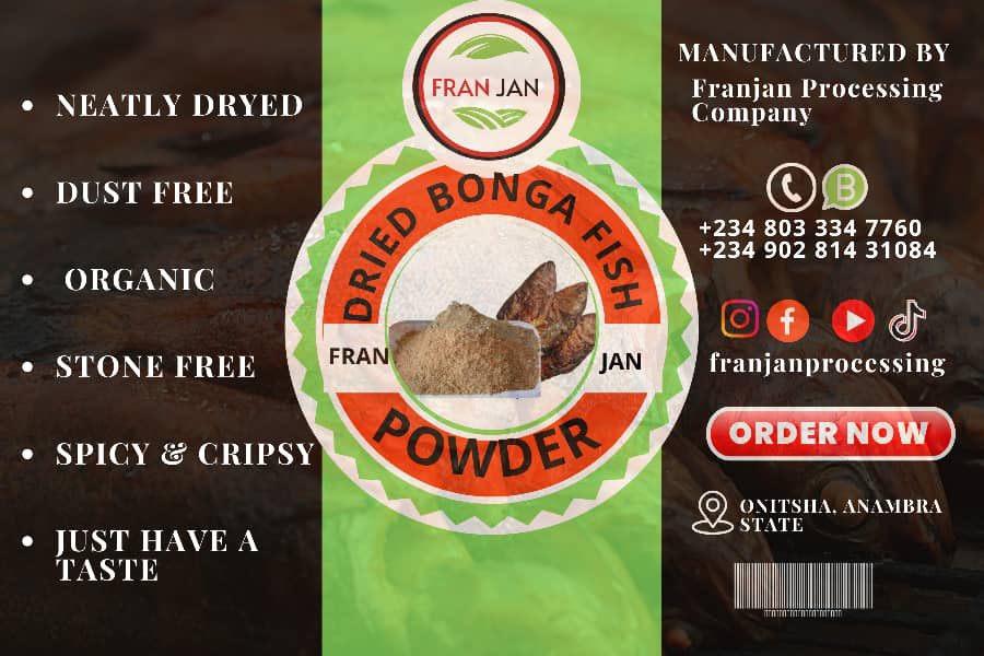 Powdered Bonga Fish! 🌶️🐟

Free Delivery Within Onitsha 💯
Waybill To Other States  💯
Export To Other Countries 💯

Call ☎️  +2348033347760 or 
WhatsApp 📞 +234 902 814 3108

 #Franjan #palmoil #chilipepper #franjanbongafish #Bongafish #powderedbongafish #drybongafish  
 #Barca