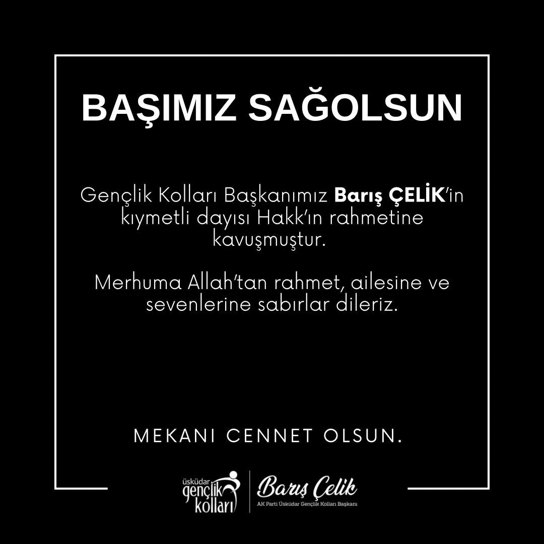 Gençlik Kolları Başkanımız Barış Çelik’in kıymetli dayısı Hakk’ın rahmetine kavuşmuştur. Merhuma Allah’tan rahmet, ailesine ve sevenlerine sabırlar dileriz. Mekanı cennet olsun.