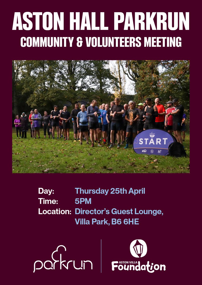 Are you interested in helping support the growth and development of Aston Hall <a href="/parkrun/">parkrun 🌳</a> of you are free next Thursday then pop along to Villa for a chat about how you can support the Parkrun community and the <a href="/AVFCFoundation/">Aston Villa Foundation</a> <a href="/UKRunChat/">UKRunChat</a> <a href="/FordyRunsRC/">Fordy Runs Running Club</a>