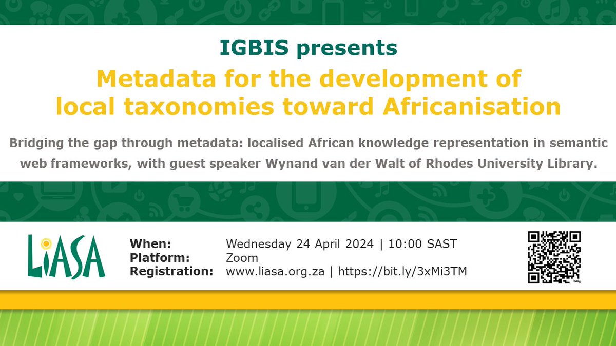 Our next webinar on 24 April will have guest Wynand van der Walt speaking about metadata and local taxonomies. One of his focus points will be how <a href="/wikidata/">Wikidata</a> can be used for greater representation. 

Register on the <a href="/LIASANews/">LIASANews</a> events page liasa.org.za/events/EventDe…
#metadatamatters