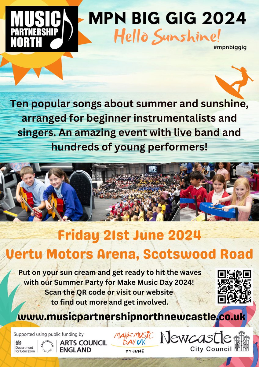 🔔 LAST FEW SCHOOL PLACES REMAINING! 🔔 Come and take part in our free biggest music event of the year! Celebrating summer days and sunshine with a live band and over 1200 young performers. To register and find out more, please visit our website: musicpartnershipnorthnewcastle.co.uk