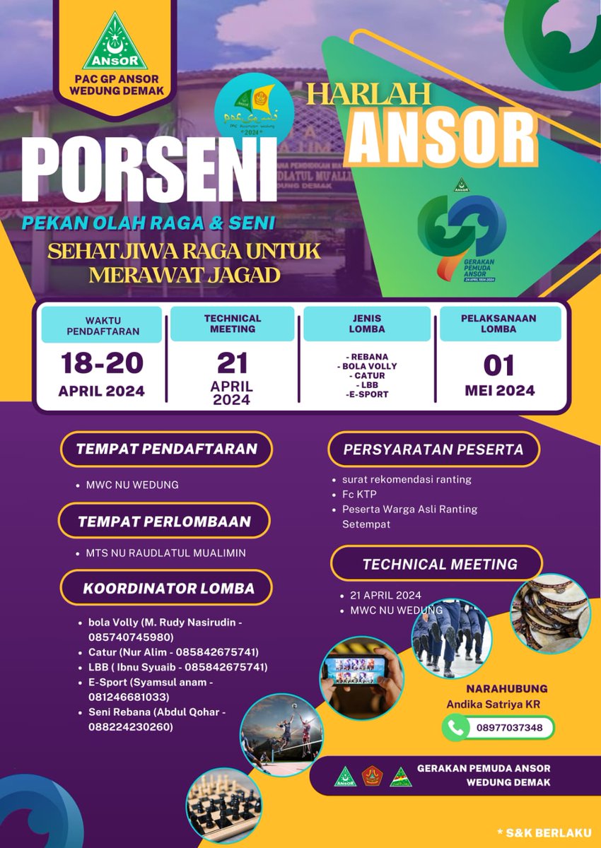 Dalam rangka #Harlah90GPAnsor PAC GP Ansor Kec. Wedung Kab. Demak mengadakan PORSENI *Sehat Jiwa Raga Untuk Merawat Jagad* @Adinjauharudin @addtaufiq